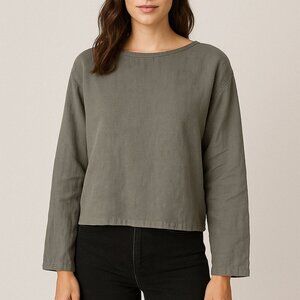 Old Linen Mill Olive Green Linen Long Sleeve Blouse